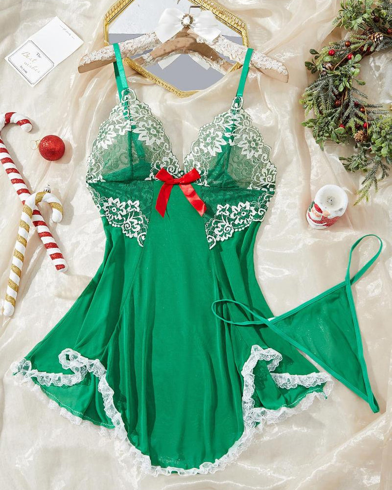 Sexy Camisón de Tirantes con Escote Profundo en V, Encaje de Contraste, Malla y Adorno de Lazo (Con Tanga)