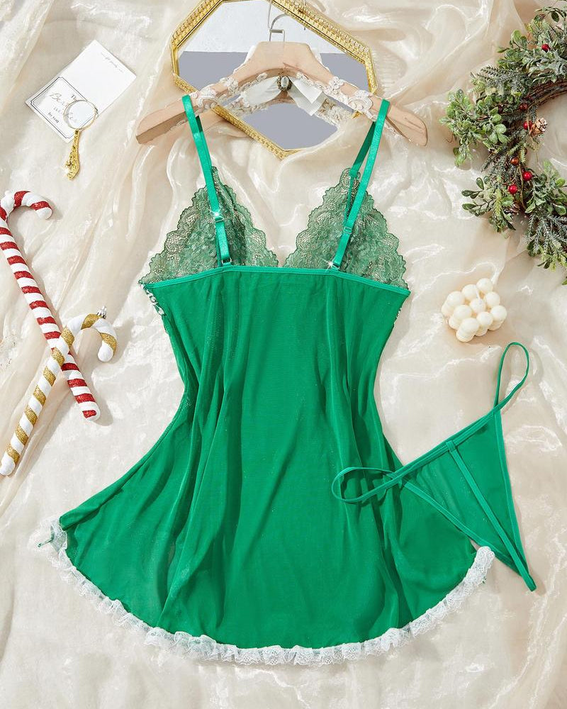 Sexy Camisón de Tirantes con Escote Profundo en V, Encaje de Contraste, Malla y Adorno de Lazo (Con Tanga)