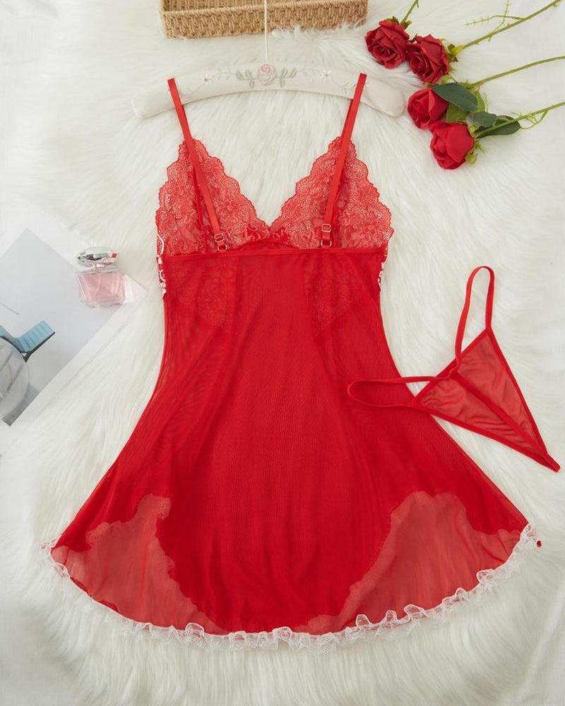 Sexy Camisón de Tirantes con Escote Profundo en V, Encaje de Contraste, Malla y Adorno de Lazo (Con Tanga)