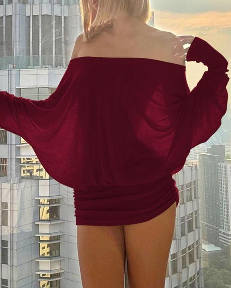Women's Long Sleeve Off Shoulder Loose Batwing Sleeve Sheer Pleated Mini Dress