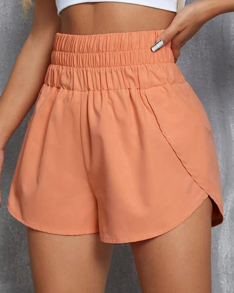 Pantalones cortos deportivos de cintura alta de color sólido para mujer, cómodos, elásticos y de secado rápido