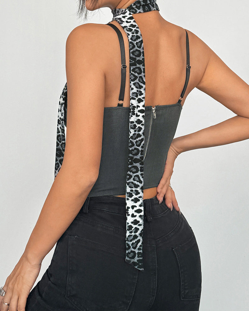 V-neck camisole top with leopard and herringbone contrast