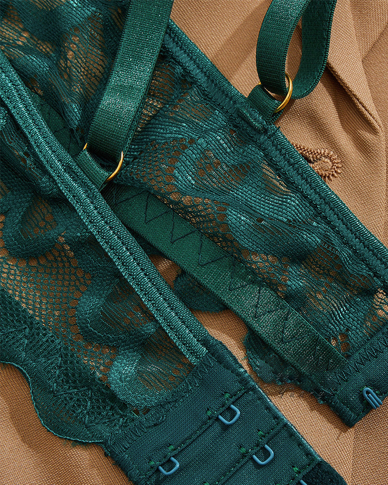 Sujetador ajustable con aros de encaje para mujer y tanga con diseño de entrepierna abierta