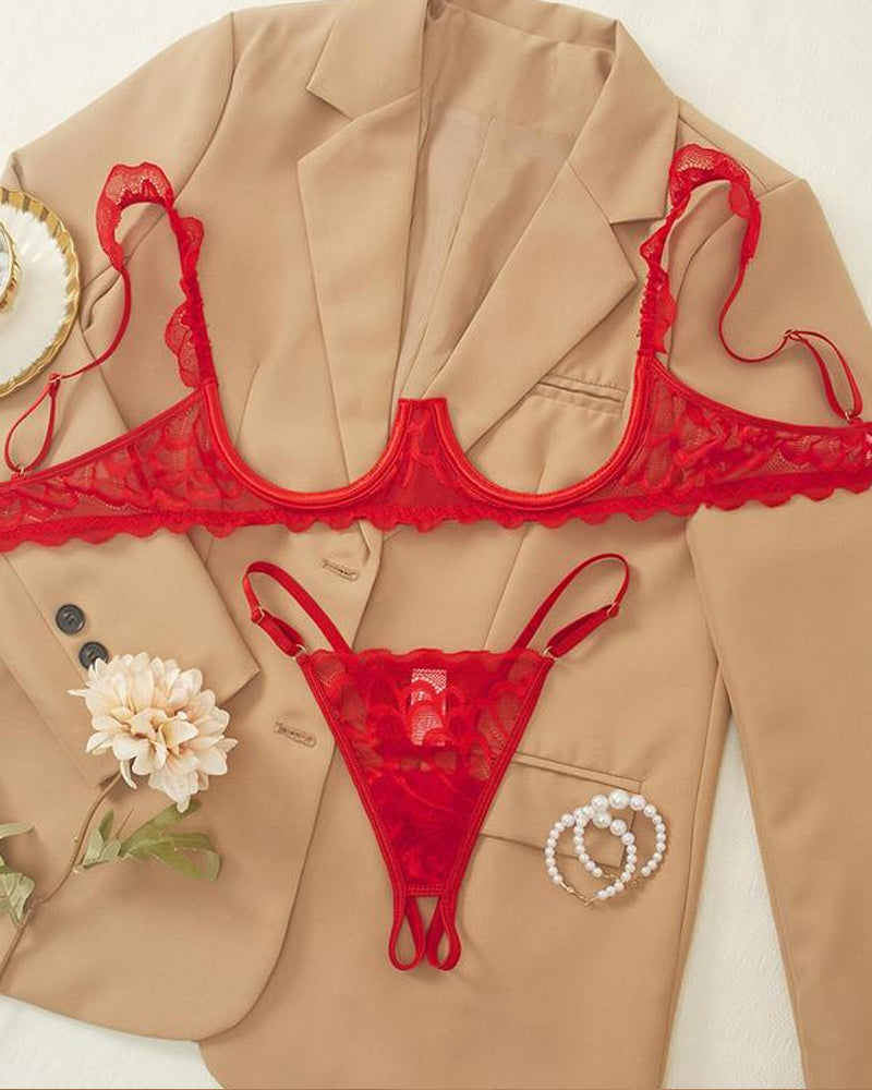 Sujetador ajustable con aros de encaje para mujer y tanga con diseño de entrepierna abierta