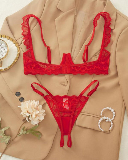 Sujetador ajustable con aros de encaje para mujer y tanga con diseño de entrepierna abierta