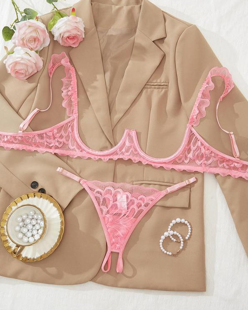 Sujetador ajustable con aros de encaje para mujer y tanga con diseño de entrepierna abierta
