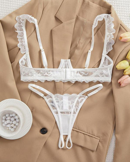 Sujetador ajustable con aros de encaje para mujer y tanga con diseño de entrepierna abierta