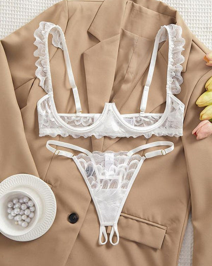 Sujetador ajustable con aros de encaje para mujer y tanga con diseño de entrepierna abierta