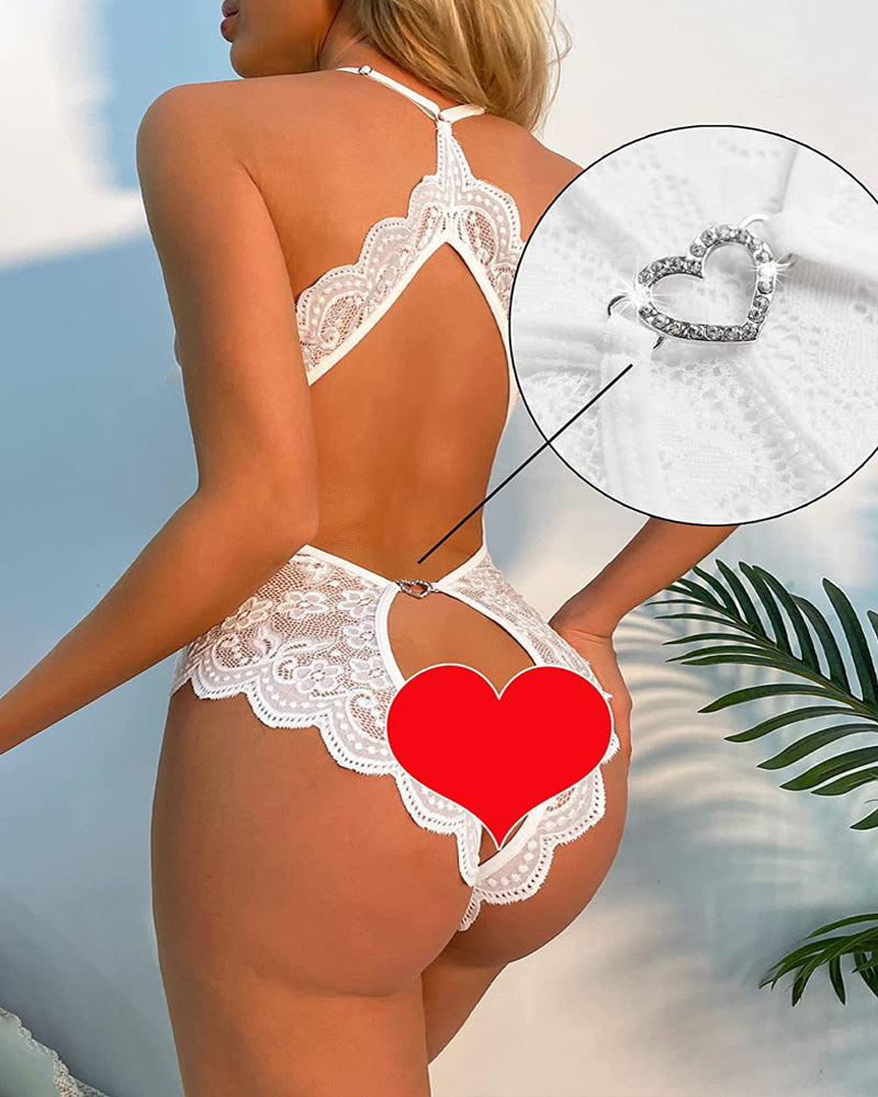 Pijama de una pieza con escote en V profundo, encaje sexy, abertura en la entrepierna, espalda descubierta y decoración en forma de corazón