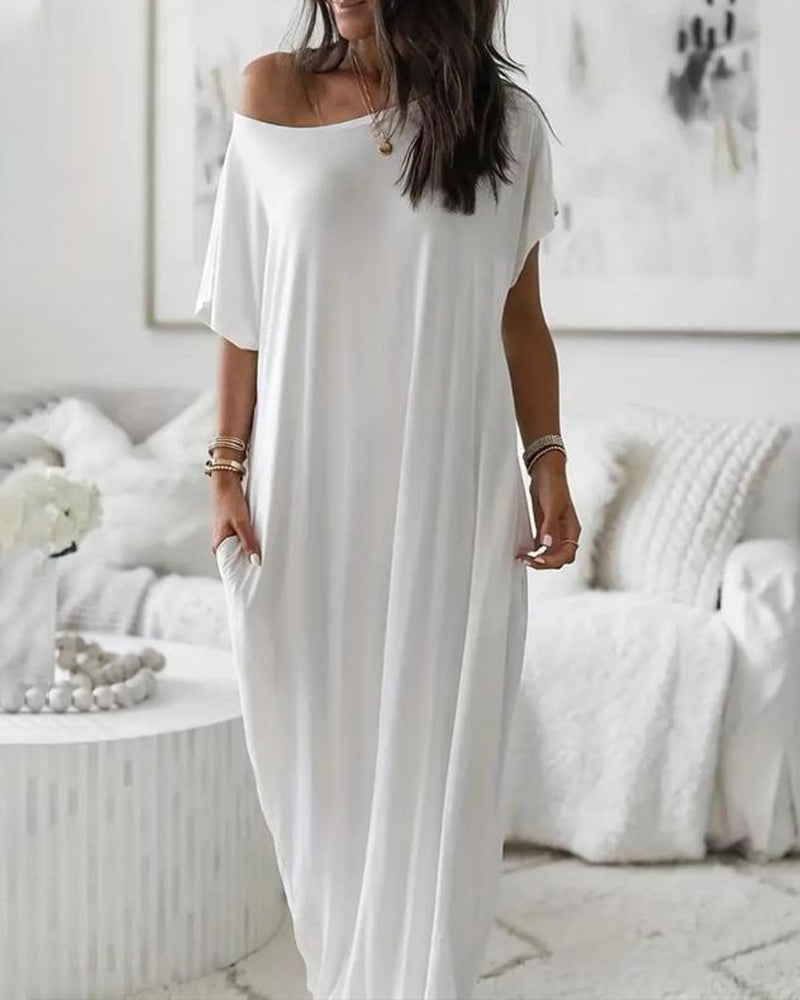 Vestido Casual Cómodo de Manga Corta de Color Sólido para Mujer