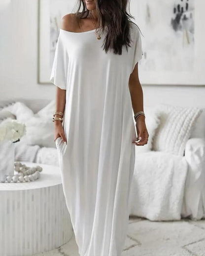 Vestido Casual Cómodo de Manga Corta de Color Sólido para Mujer
