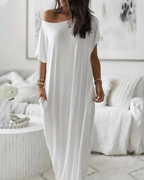 Vestido Casual Cómodo de Manga Corta de Color Sólido para Mujer