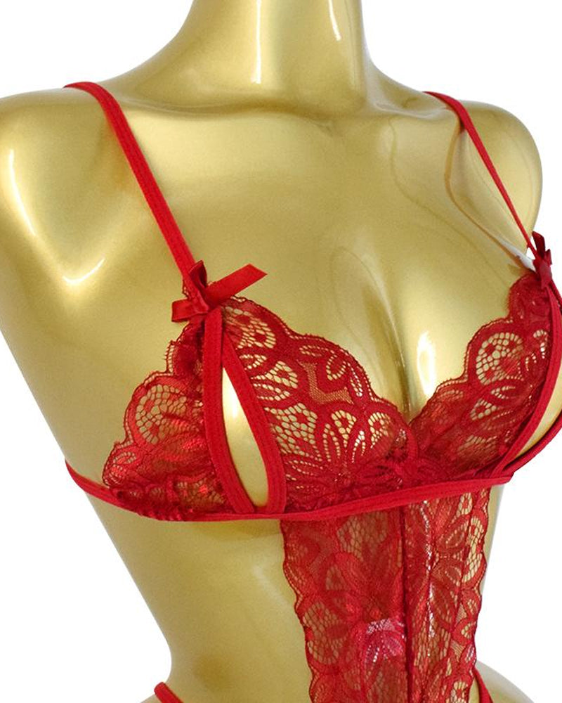 Pijama de una pieza sin espalda de encaje floral translúcido sexy para mujer