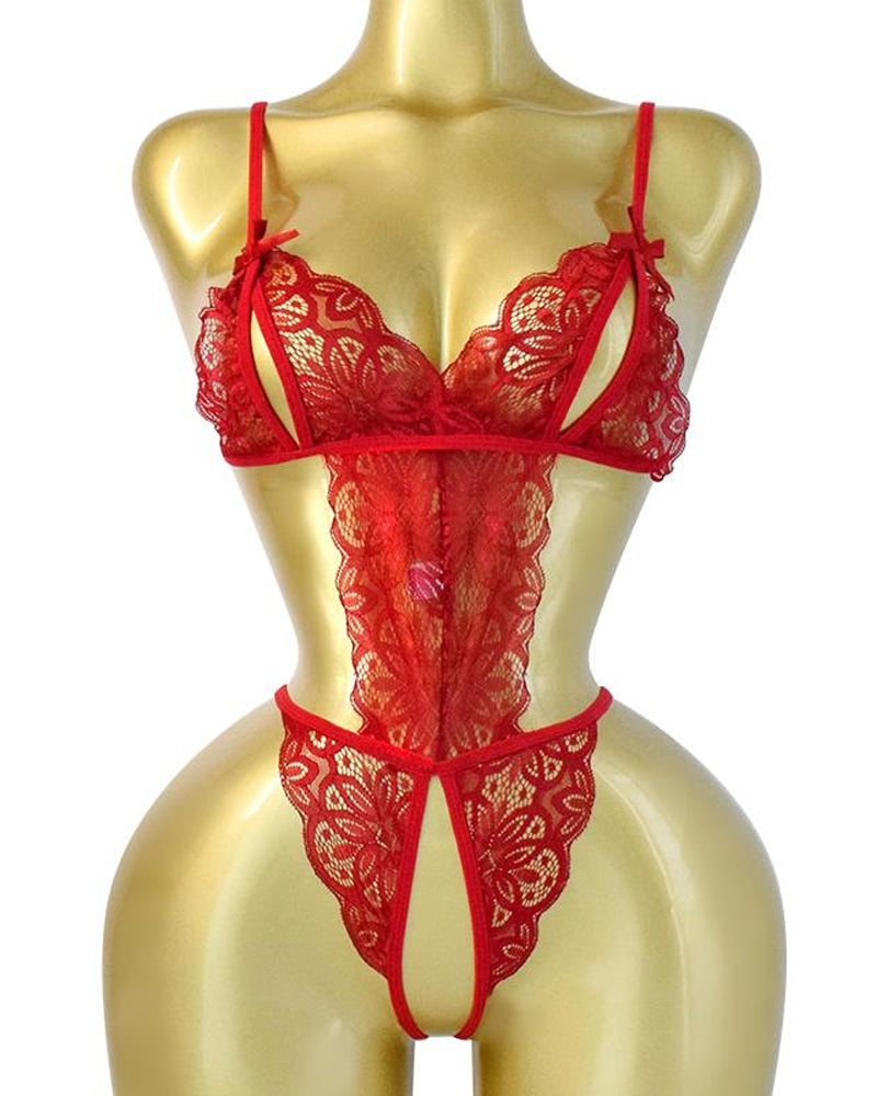 Pijama de una pieza sin espalda de encaje floral translúcido sexy para mujer
