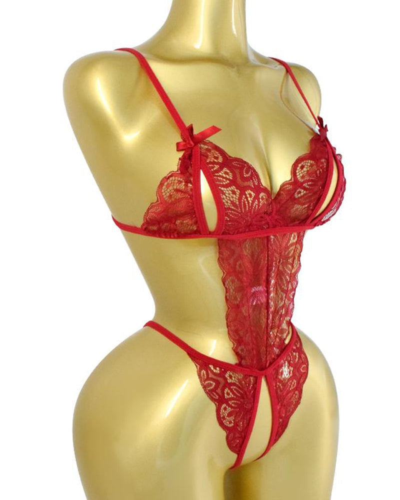 Pijama de una pieza sin espalda de encaje floral translúcido sexy para mujer