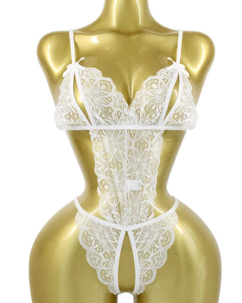 Women's Sexy Sheer Floral Lace Backless One-Piece Pajamas