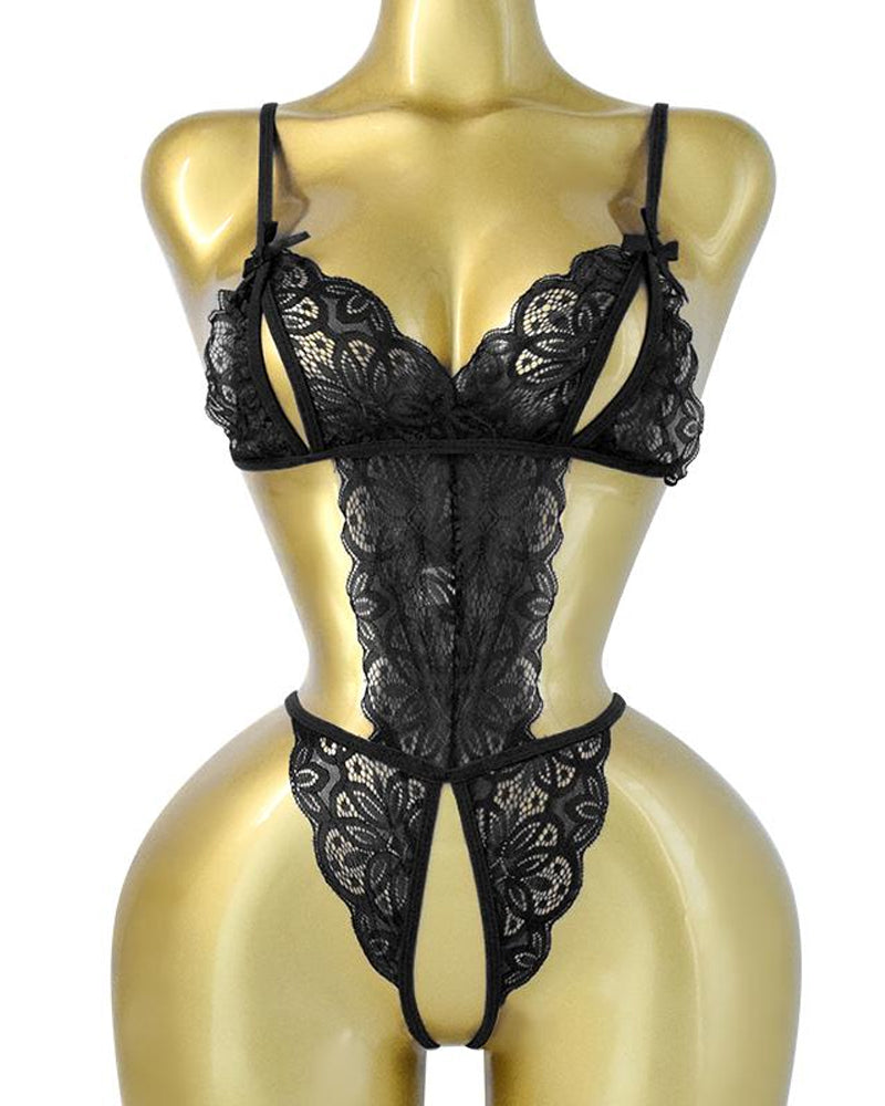 Pijama de una pieza sin espalda de encaje floral translúcido sexy para mujer