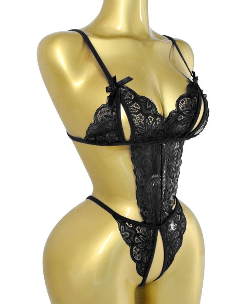 Pijama de una pieza sin espalda de encaje floral translúcido sexy para mujer