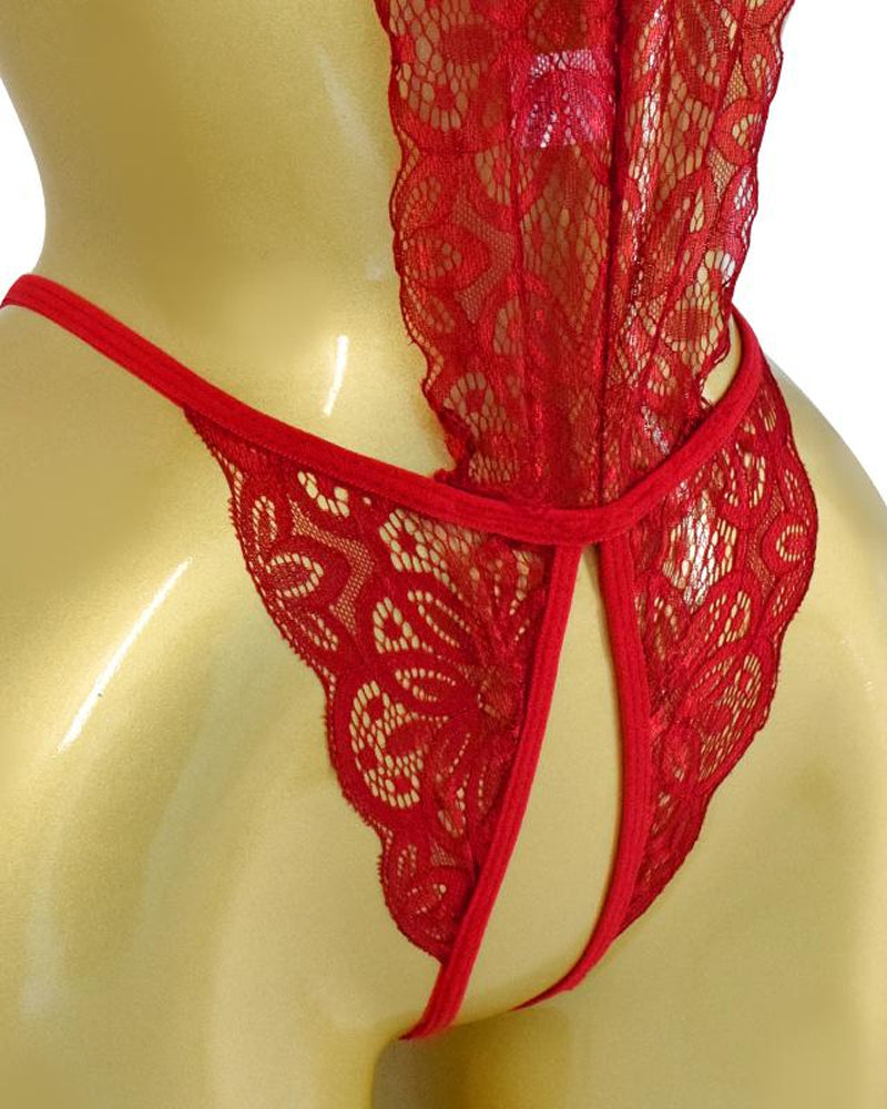 Pijama de una pieza sin espalda de encaje floral translúcido sexy para mujer
