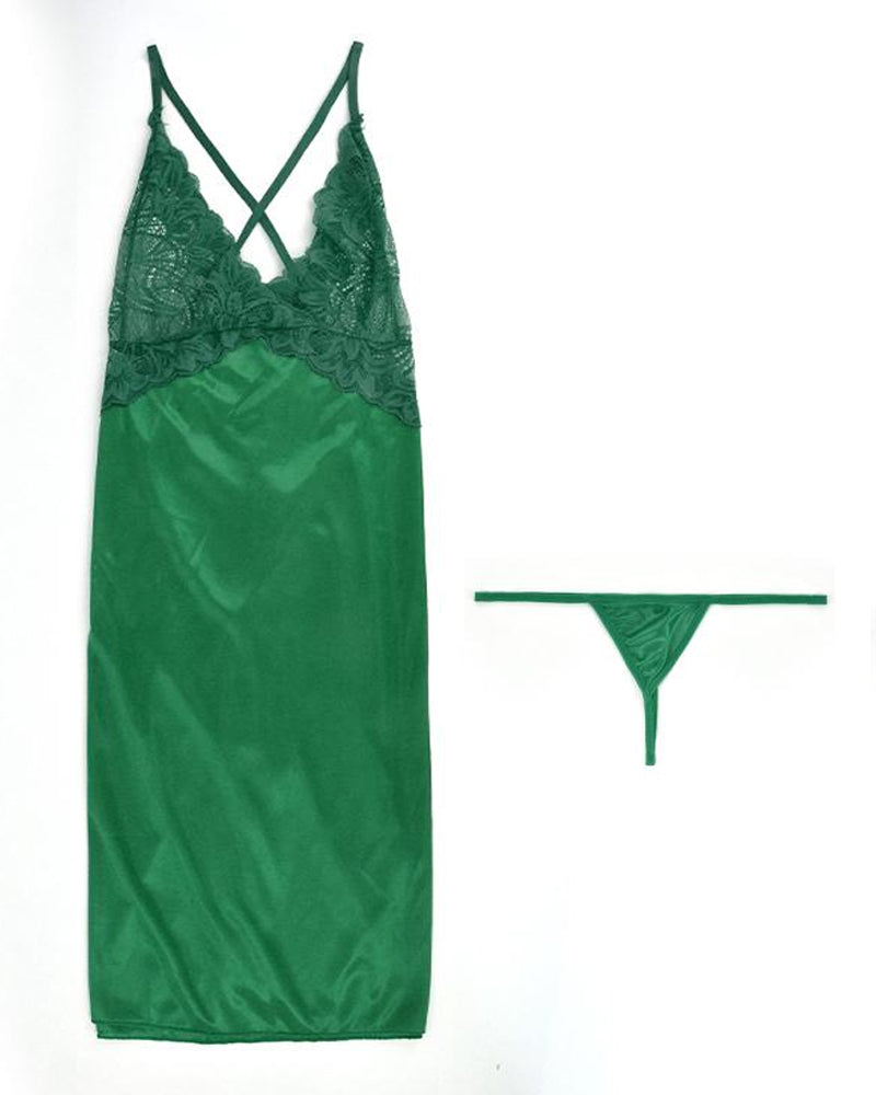 Camisón sin espalda con tanga de satén de encaje sexy para mujer con cuello en V y tirantes ajustables