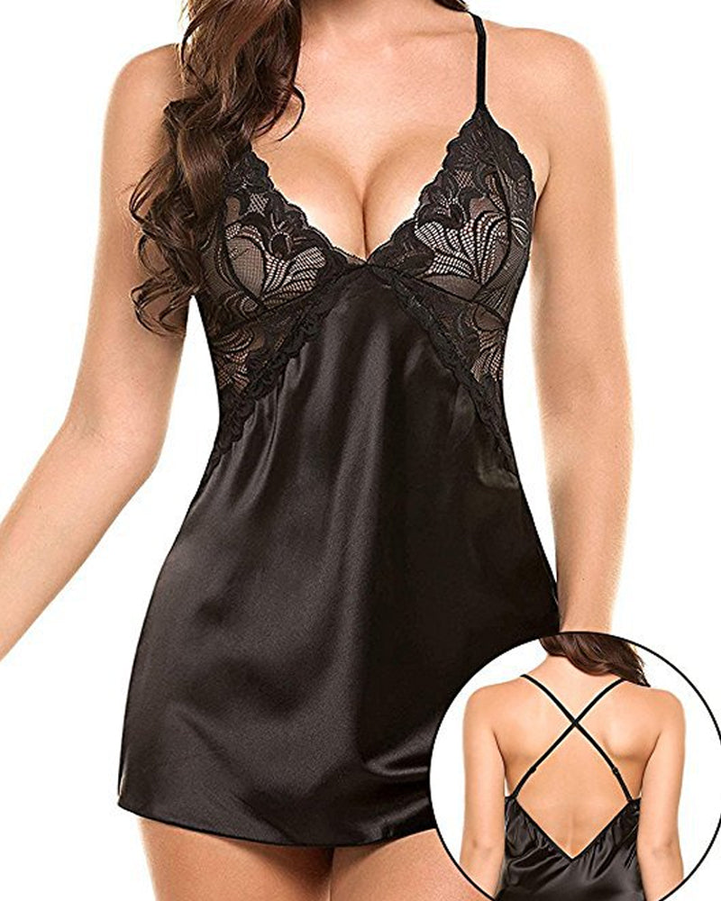 Camisón sin espalda con tanga de satén de encaje sexy para mujer con cuello en V y tirantes ajustables