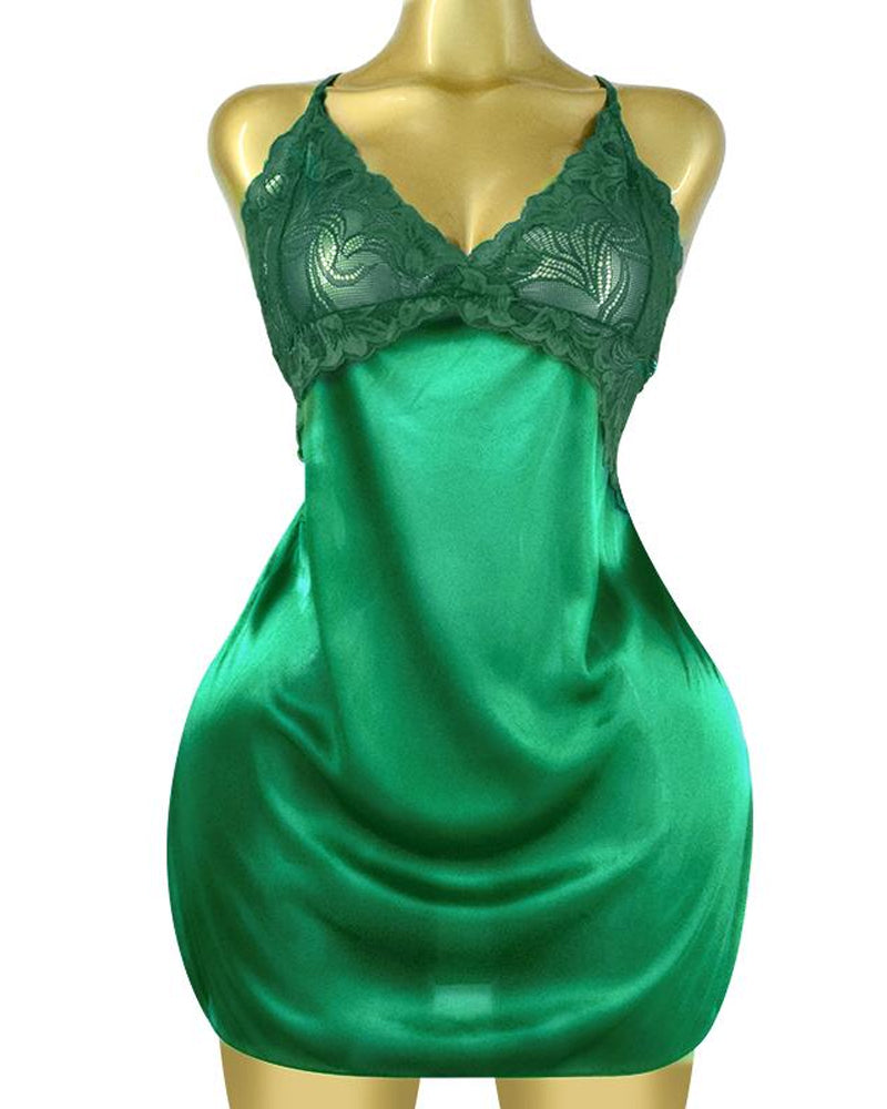 Camisón sin espalda con tanga de satén de encaje sexy para mujer con cuello en V y tirantes ajustables