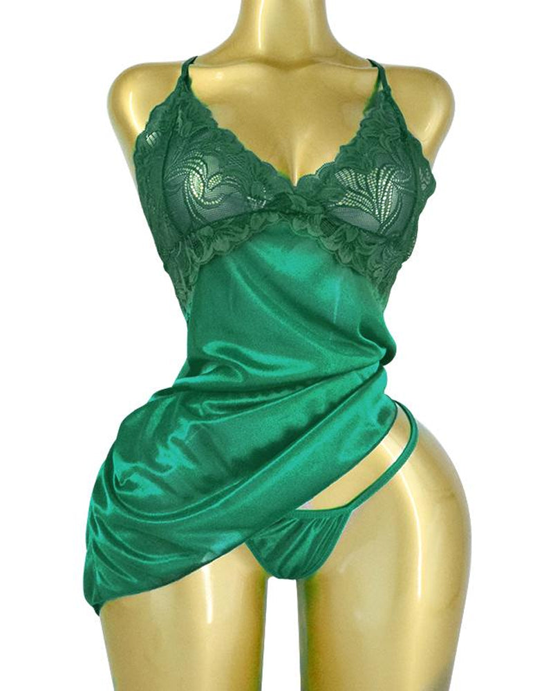 Camisón sin espalda con tanga de satén de encaje sexy para mujer con cuello en V y tirantes ajustables