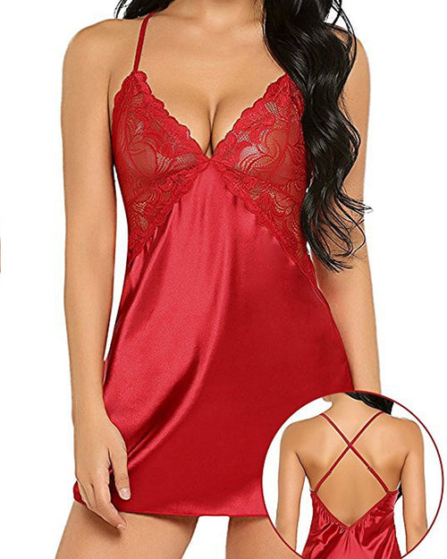 Camisón sin espalda con tanga de satén de encaje sexy para mujer con cuello en V y tirantes ajustables