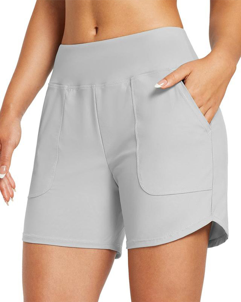 Shorts deportivos de playa para mujer con control de abdomen y cintura alta con bolsillo