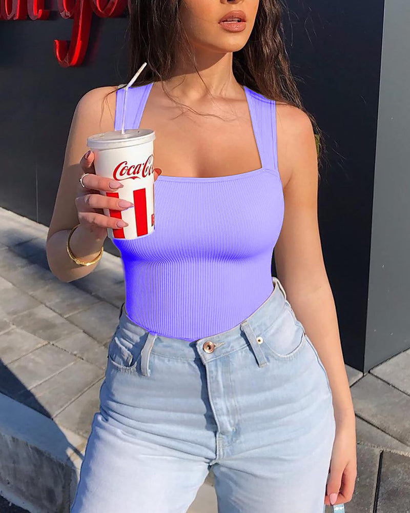 Body de tirantes finos con escote cuadrado, sin mangas, de punto acanalado y sin costuras para controlar el abdomen