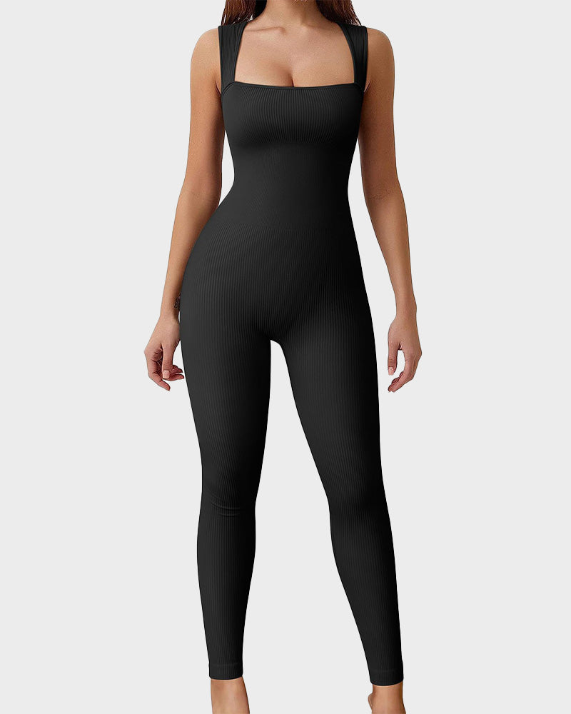 Sleeveless ribbed square neck workout jumpsuit