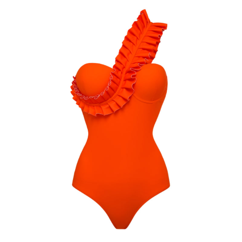 An orange one-sleeve ruffled swimsuit with a sarong