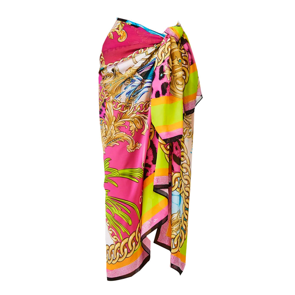 Traje de baño de una pieza con estampado de concha de cuello redondo y pareo o falda