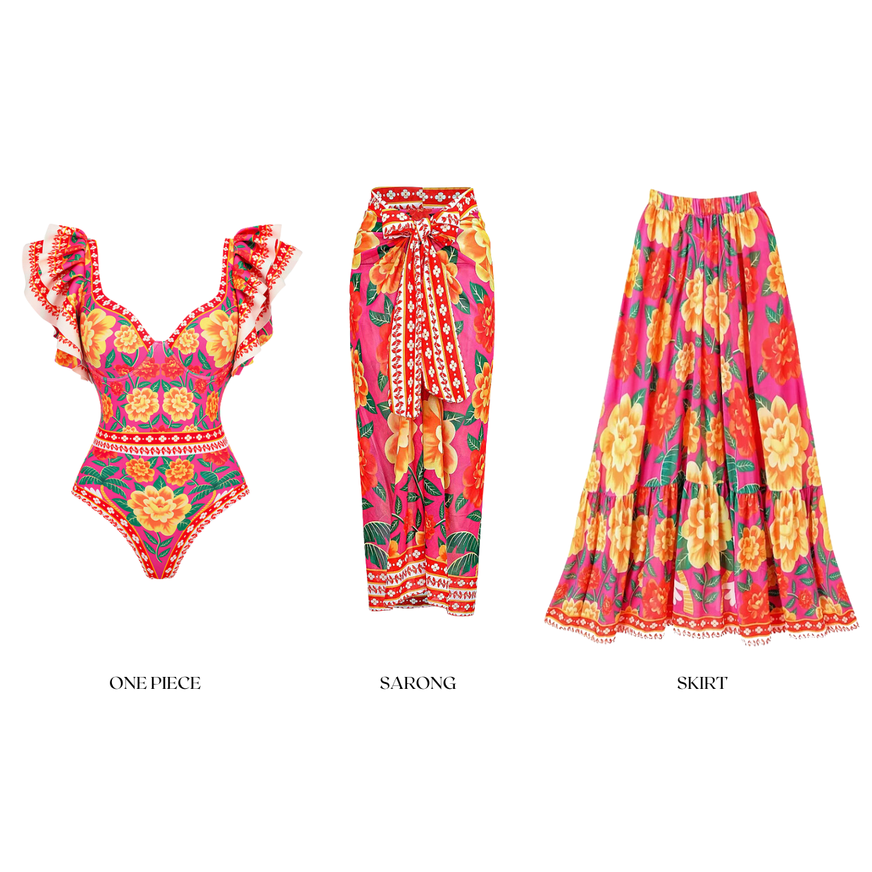 One-piece swimsuit with contrast print and ruffled sarong