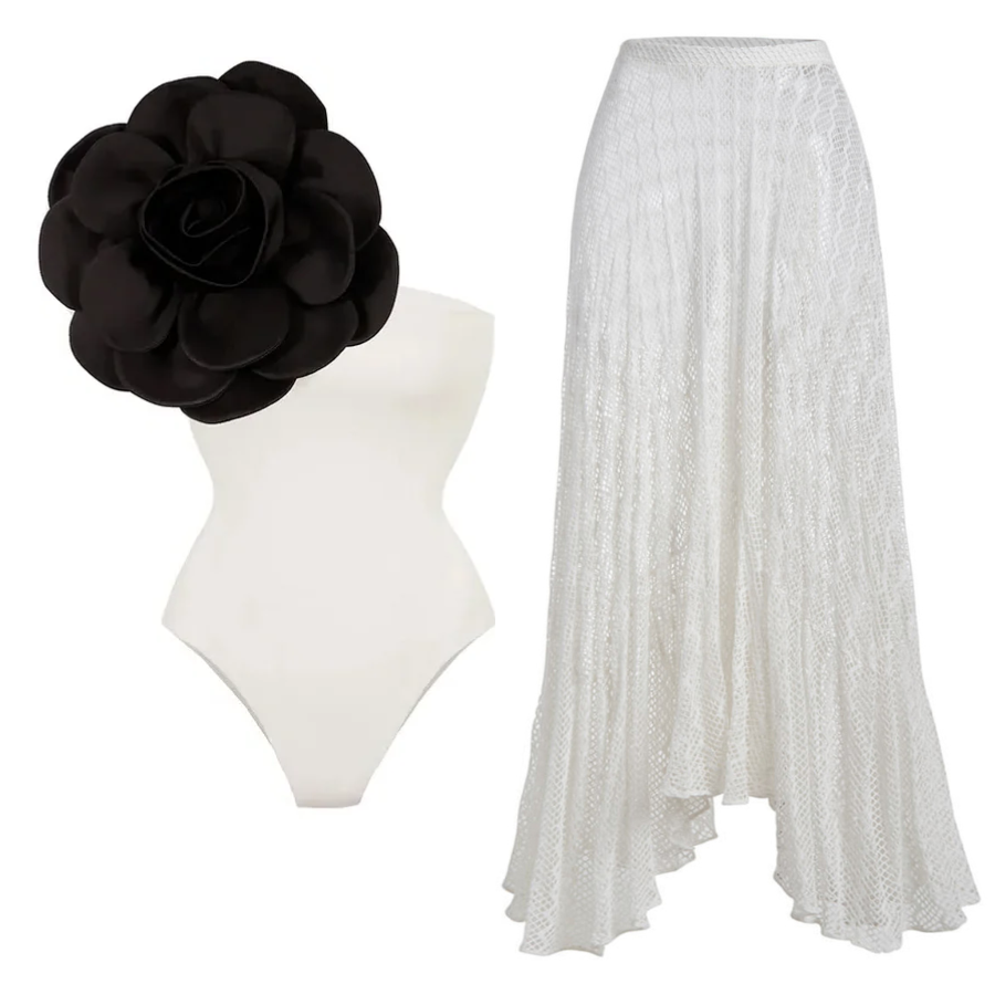 Traje de baño de una pieza con un hombro y falda de flor 3D