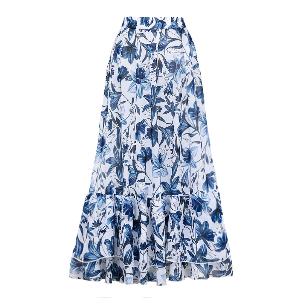 Traje de baño de una pieza con escote en V, cordones y falda estampada