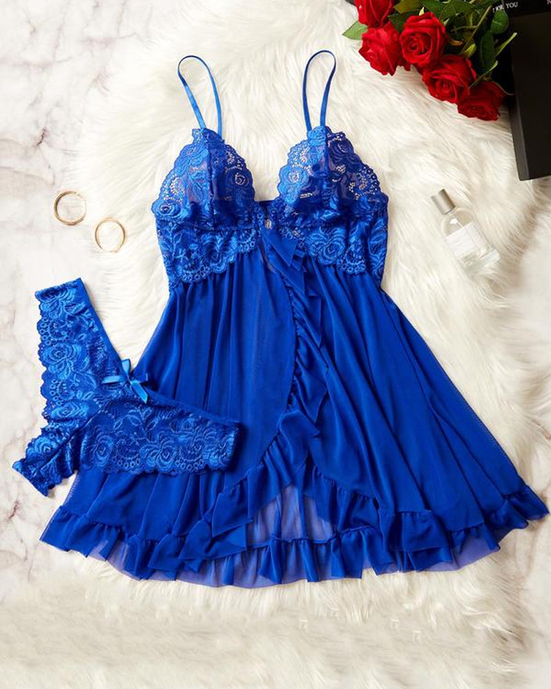Conjunto de camisón y bragas de tirantes con volantes sexy de encaje para mujer