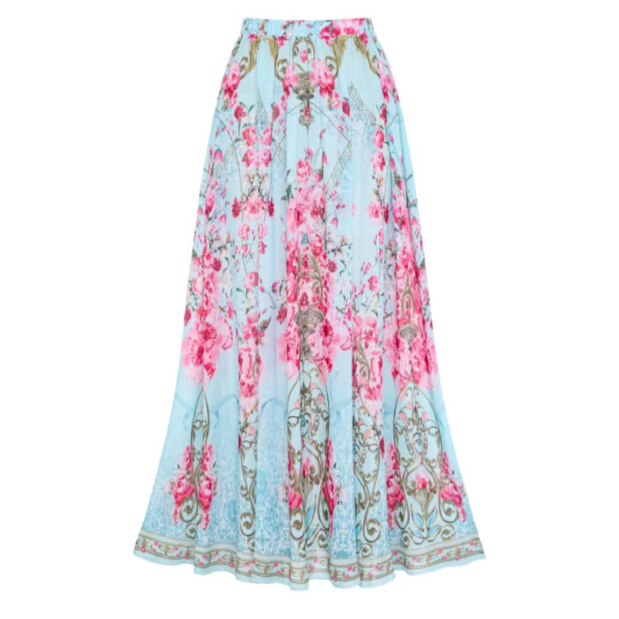 One-piece swimsuit with a curly blue floral print and skirt