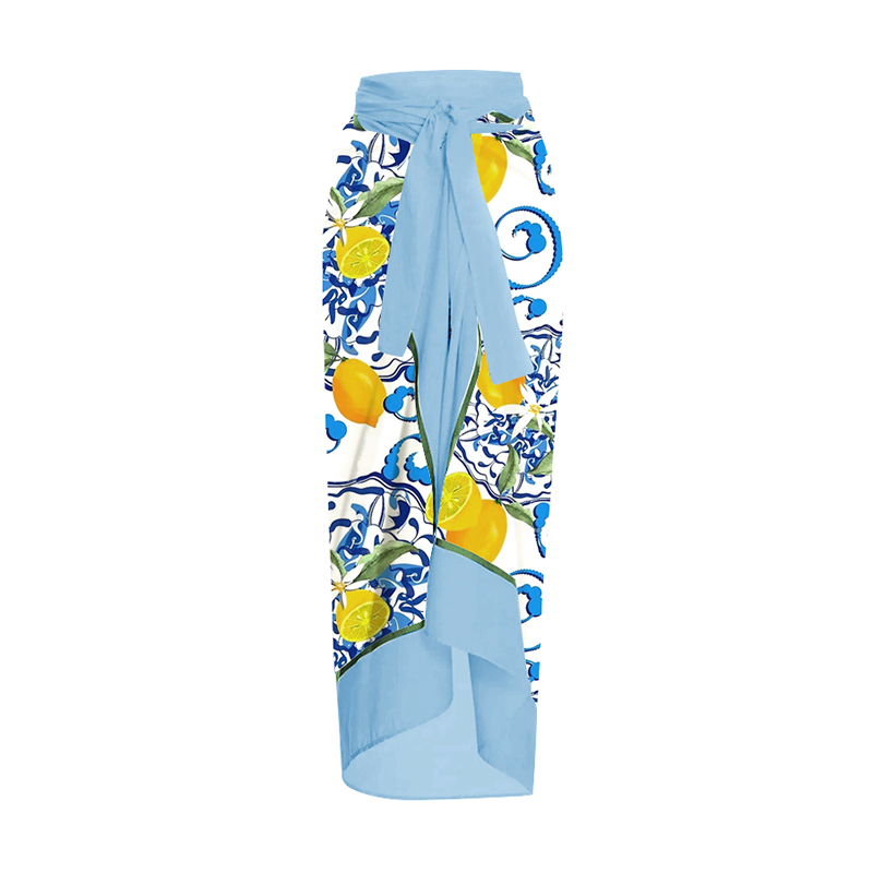 One-piece swimsuit with bow straps and lemon print sarong