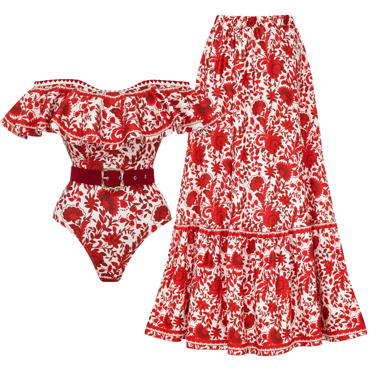 Red flower silhouette print one-piece swimsuit with ruffles and skirt