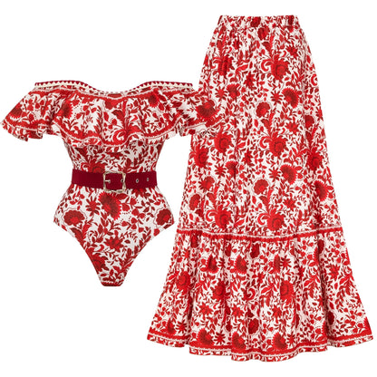 Bañador de una pieza con estampado de silueta de flor roja con volantes y falda