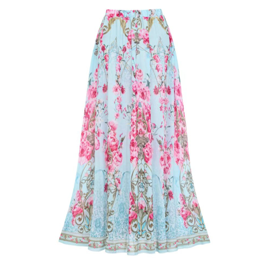 One-piece swimsuit with a curly blue floral print and skirt