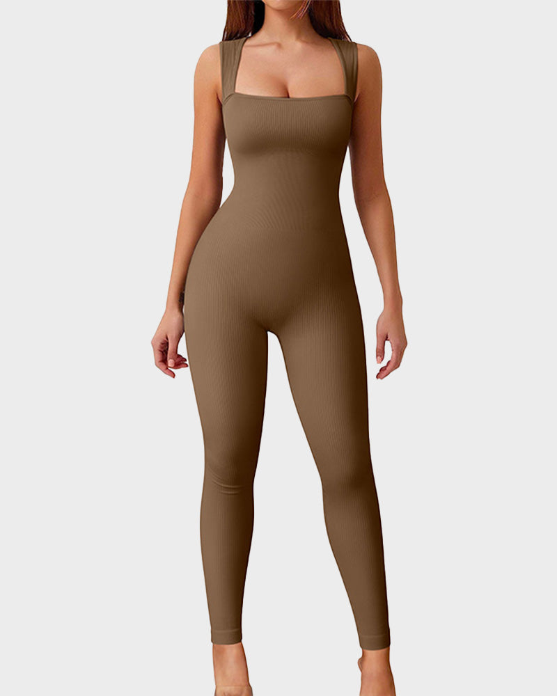 Sleeveless ribbed square neck workout jumpsuit
