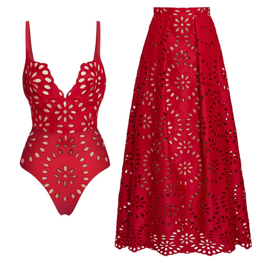 Traje de baño de una pieza Flower Hollow y falda
