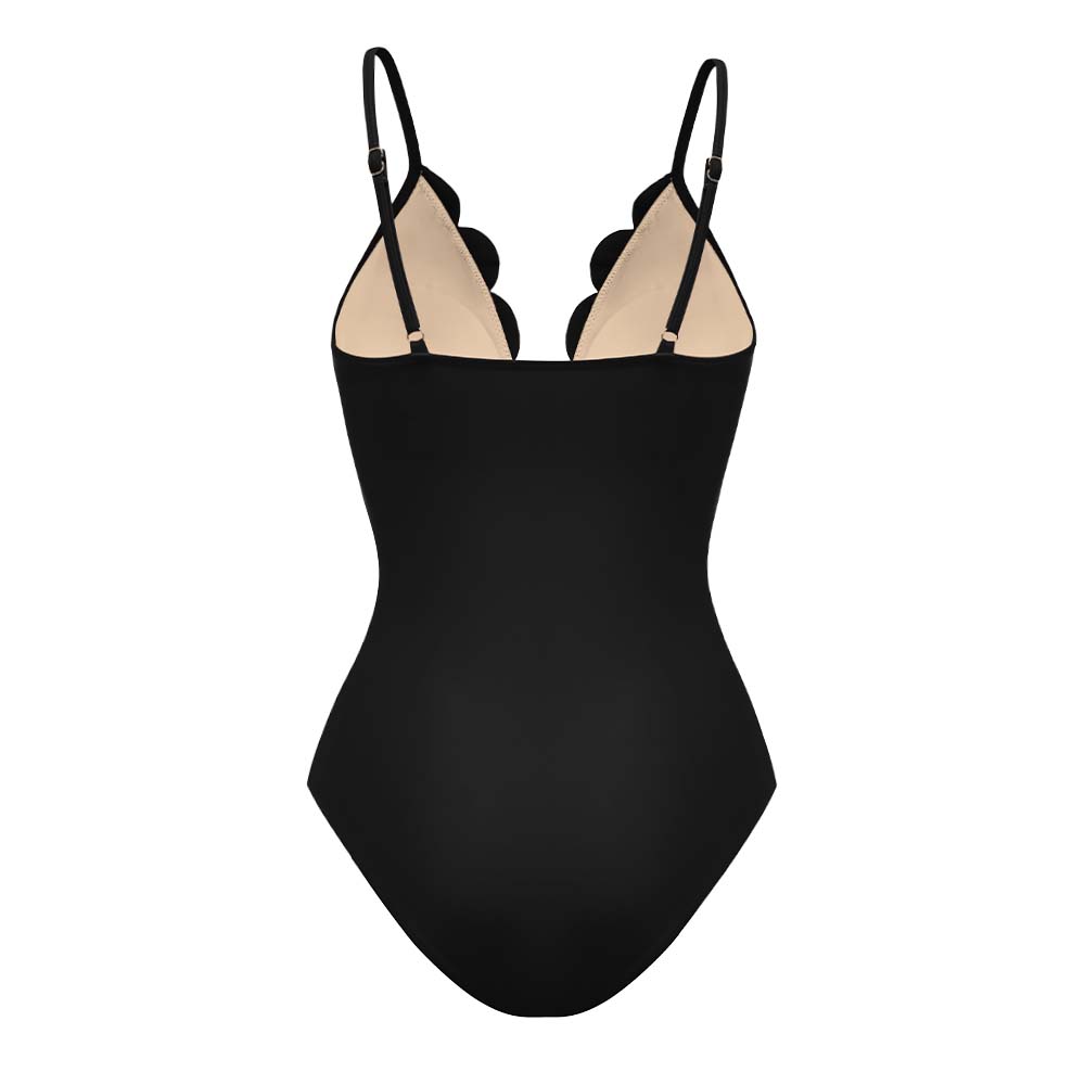 Black flower laser cut one-piece swimsuit and skirt