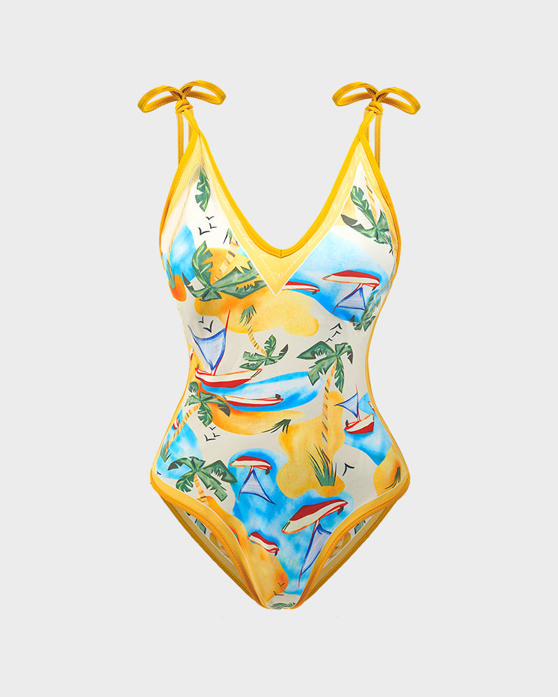 Reversible one-piece swimsuit with floral straps