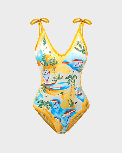 Traje de baño de una pieza reversible con tirantes de flores