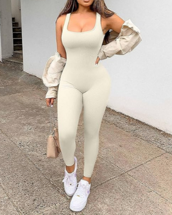 Sleeveless ribbed square neck workout jumpsuit