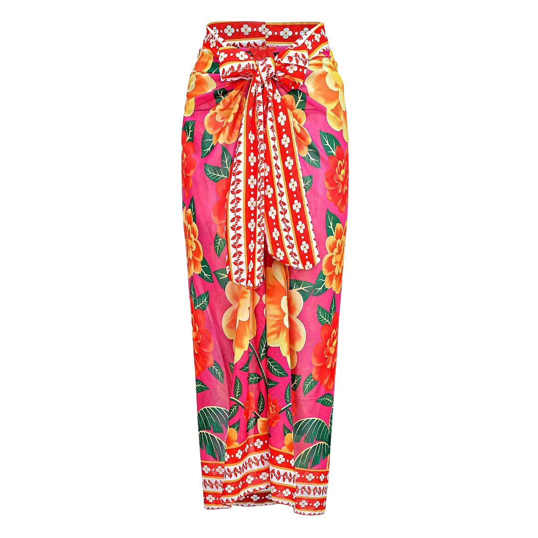 One-piece swimsuit with contrast print and ruffled sarong