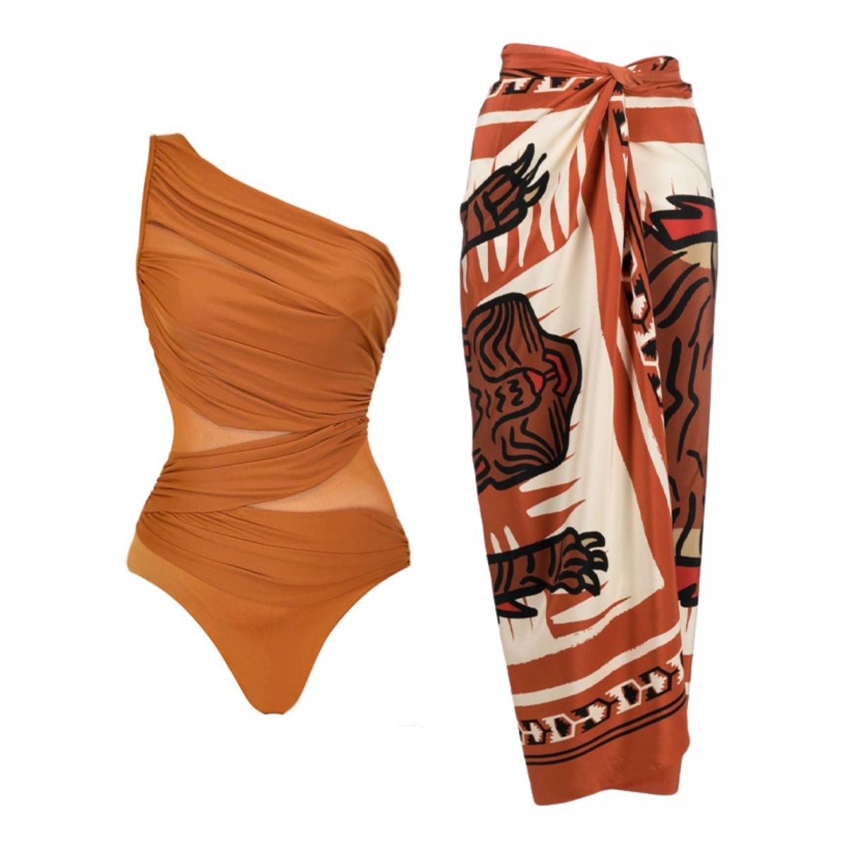 A crinkled one-sleeve swimsuit in sheer rust and a sarong